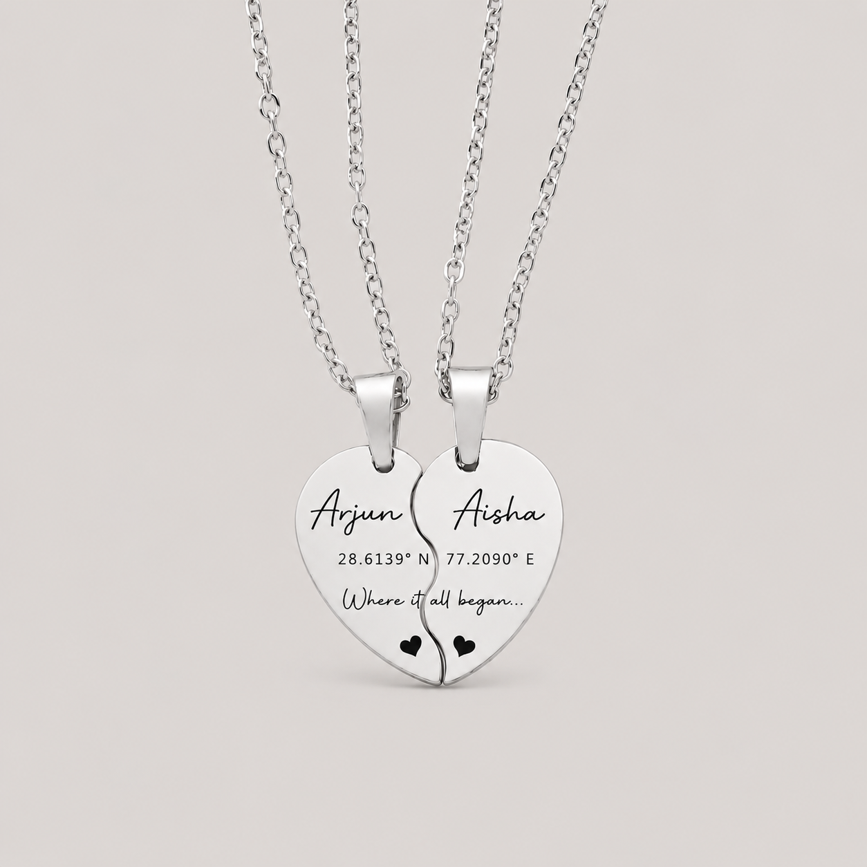 Engraved Split Heart Necklace Set