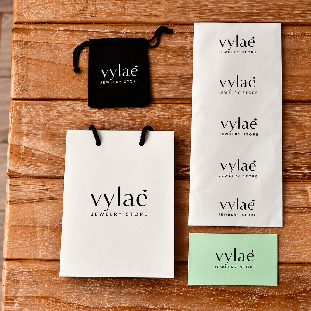 A set of branded Vylaé jewelry store stationery items arranged on a wooden surface, including a black drawstring pouch, a white shopping bag, a white folded sheet, a mint green folded sheet, and a small mint green business card. The brand name 'vylaé' is printed in black on each item.