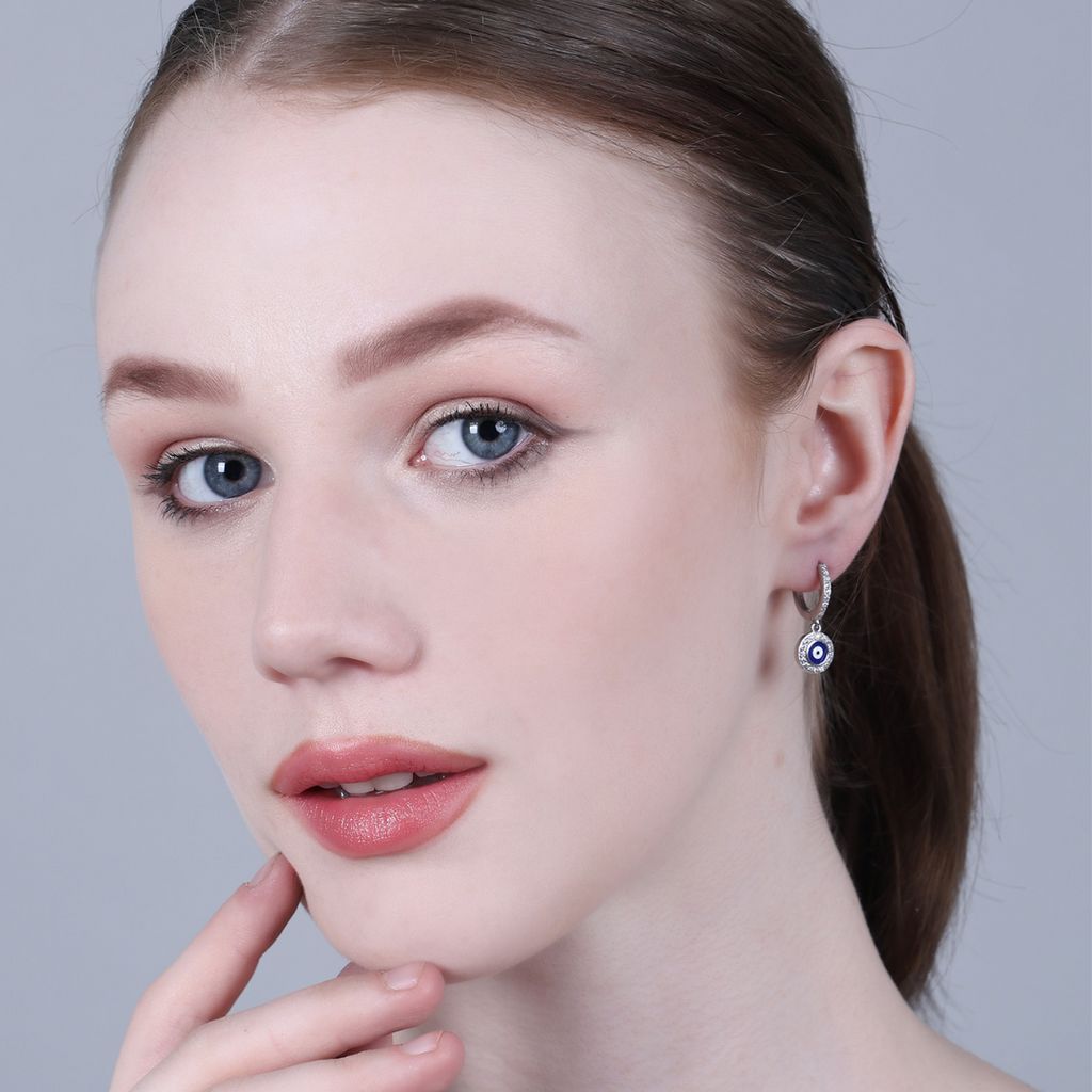 STERLING SILVER 92.5 HANGING EVIL EYE EARRINGS