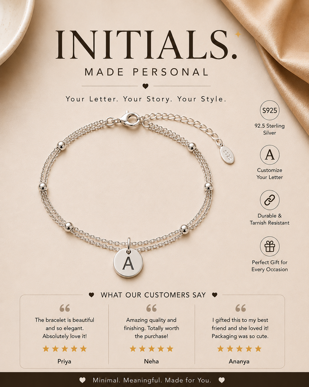 Letter Charm Bead Chain Bracelet