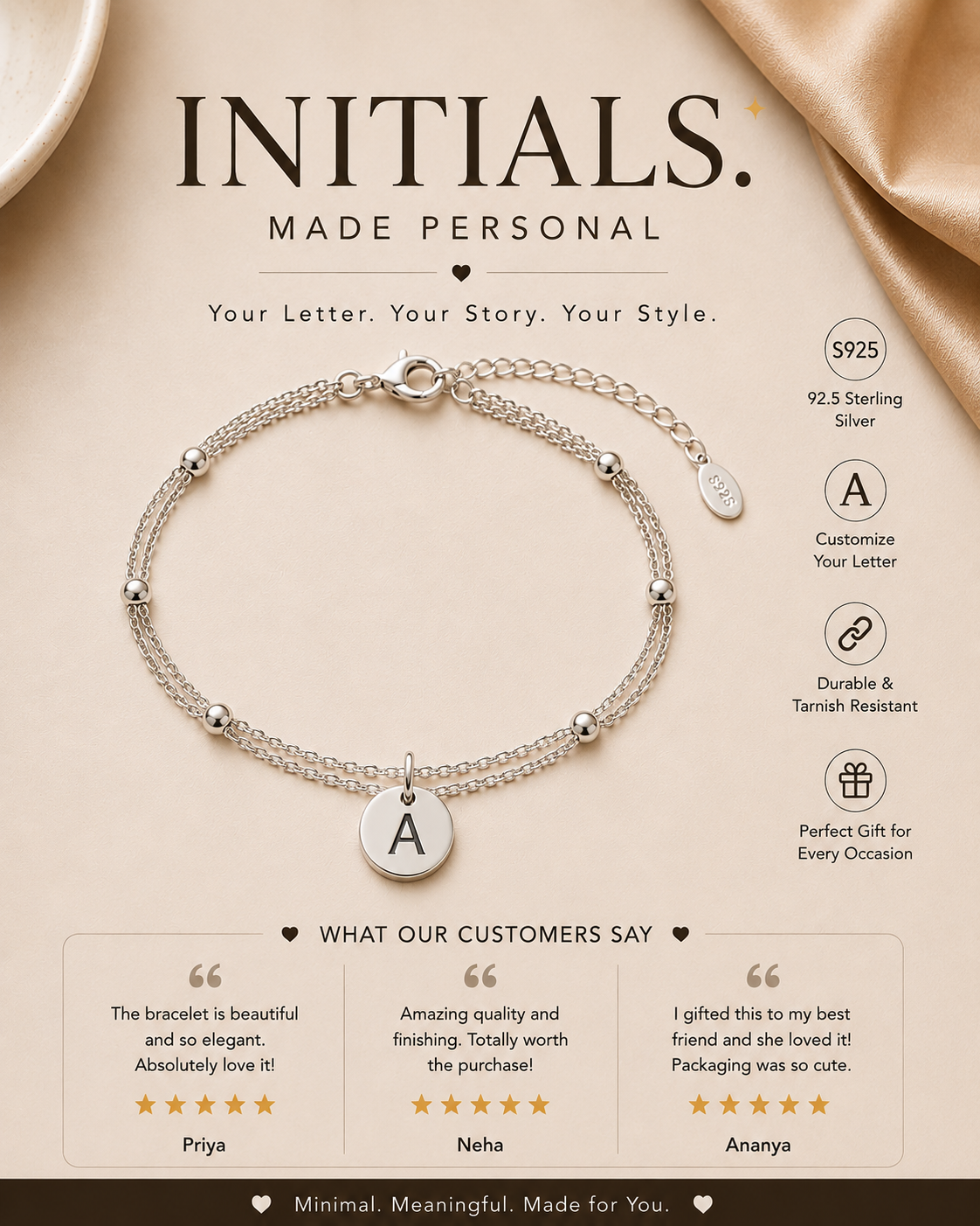 Letter Charm Bead Chain Bracelet
