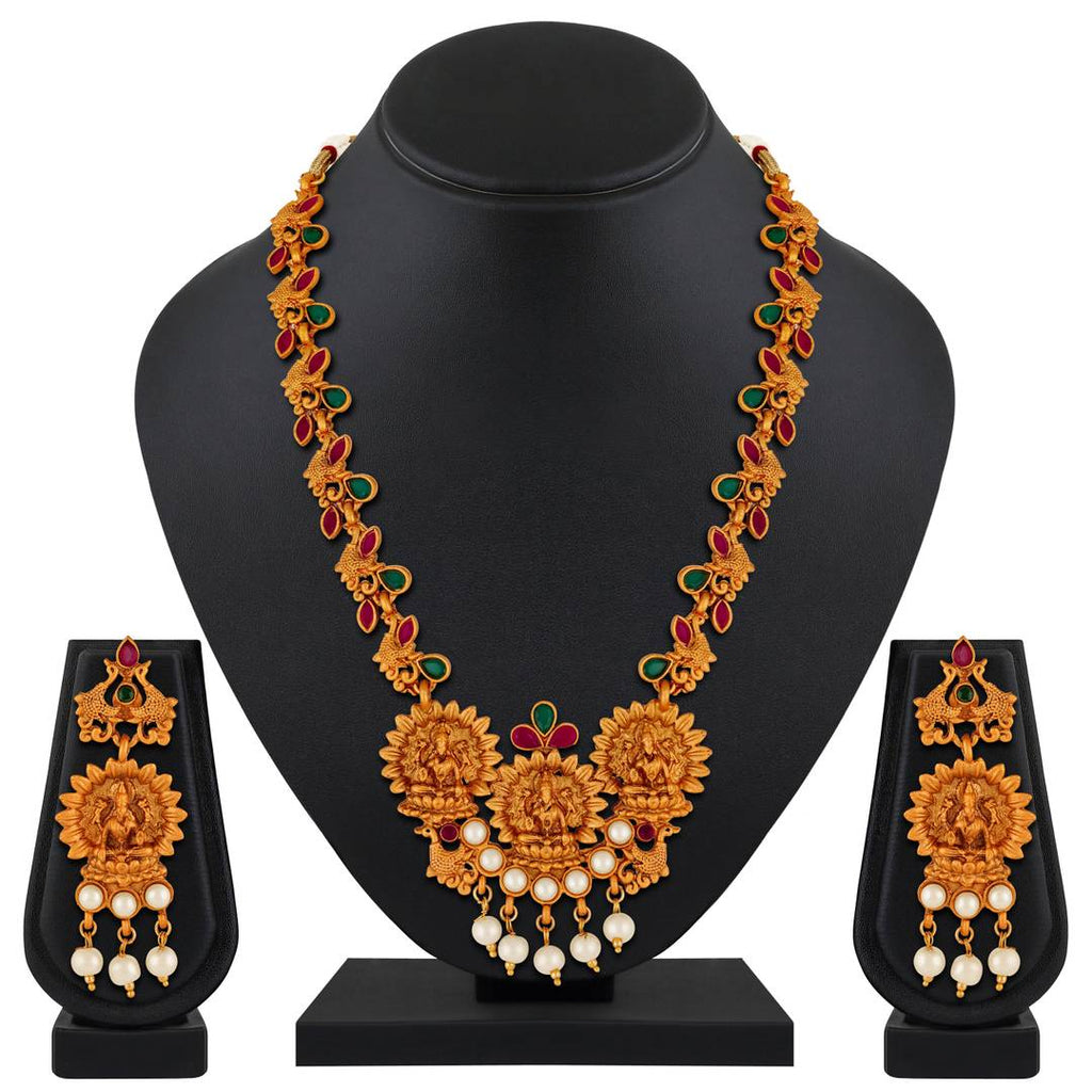 Laxmi Peacock Gold Plated Temple Jewelry Necklace Set For Women
