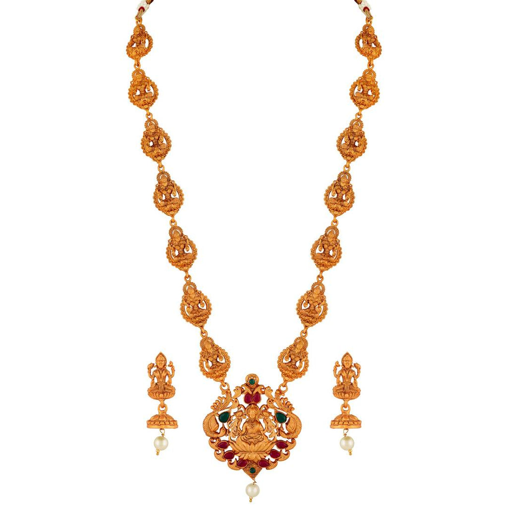 Laxmi Peacock Gold Plated Temple Jewelry Necklace Set For Women