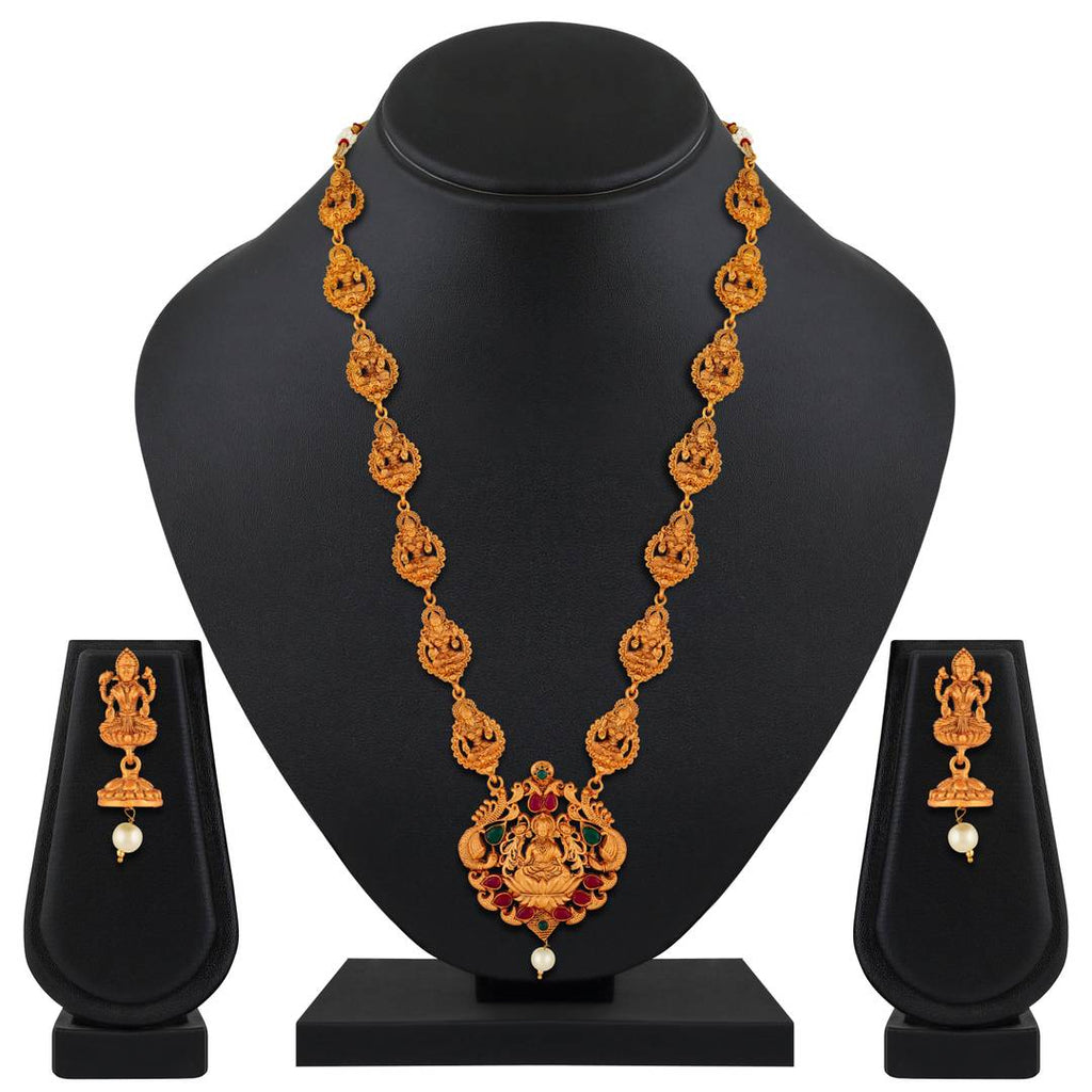 Laxmi Peacock Gold Plated Temple Jewelry Necklace Set For Women