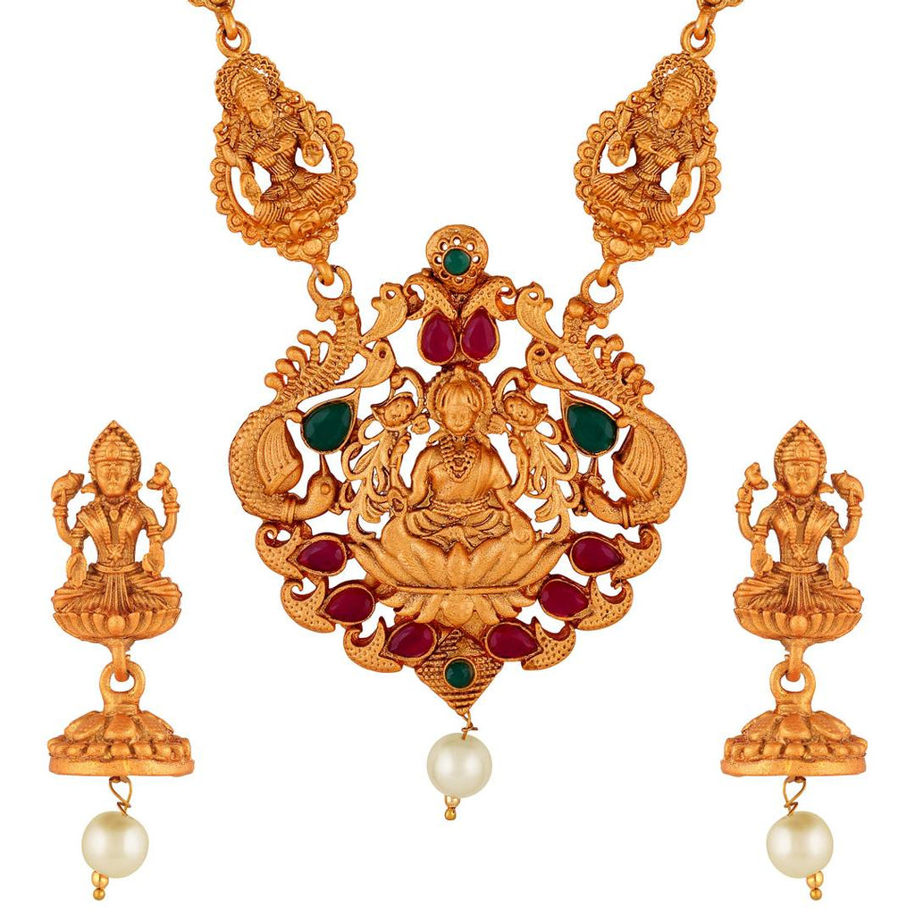 Laxmi Peacock Gold Plated Temple Jewelry Necklace Set For Women