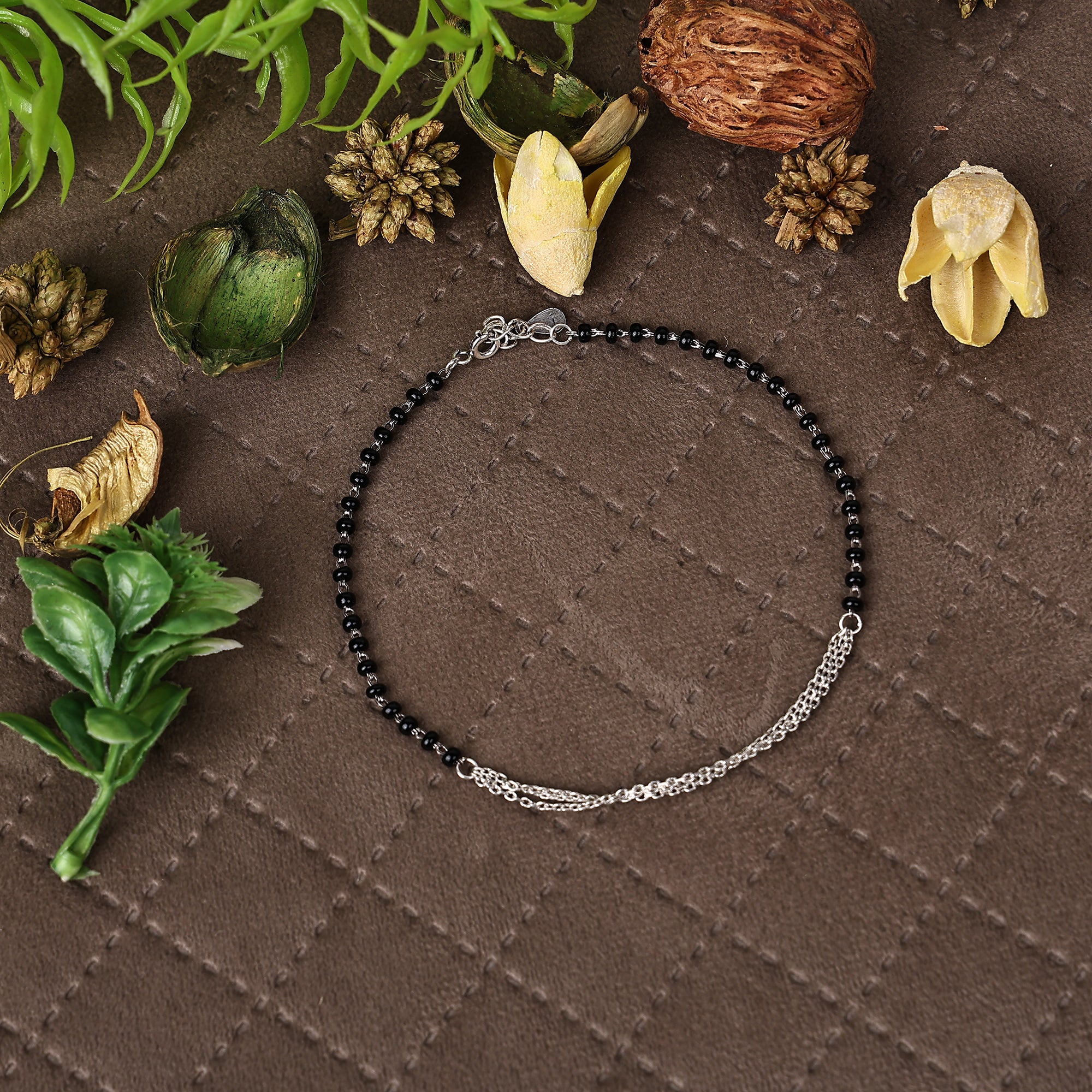 NEW ARRIVAL 92.5 STERLING SILVER BLACK BEADS MULTI LAYERED CHAIN ANKLET