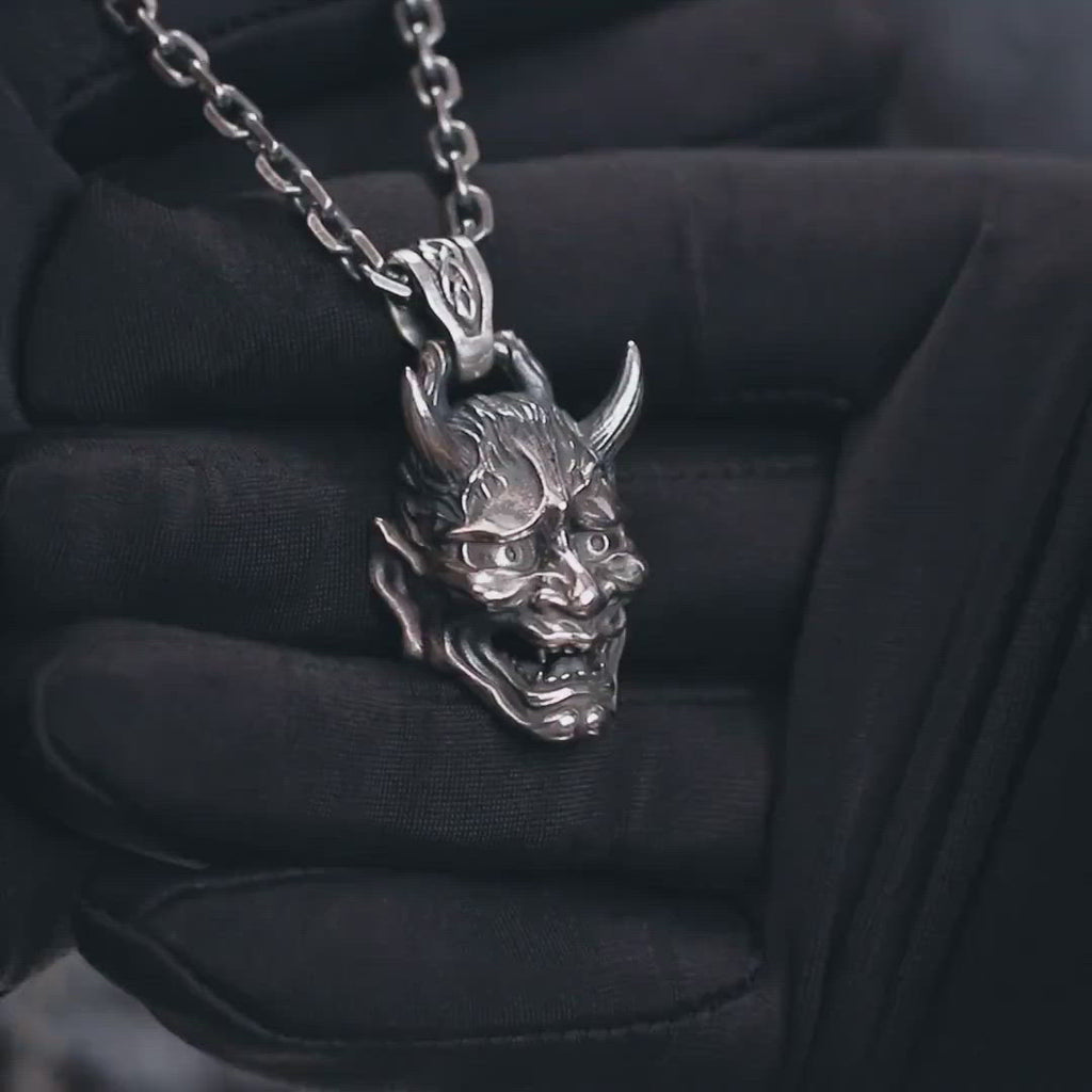SILVER OXIDISED HANNYA FACE NECKLACE CHAIN PENDENT FOR MEN