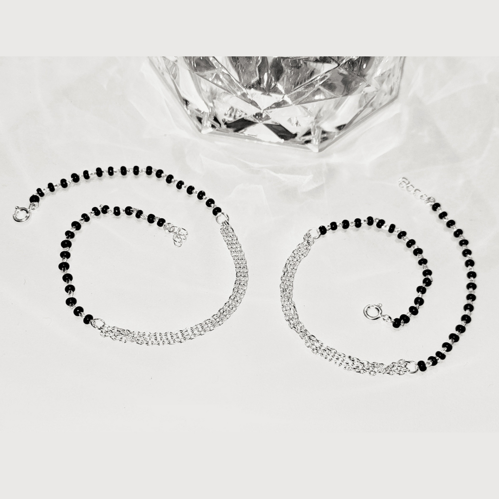 NEW ARRIVAL 92.5 STERLING SILVER BLACK BEADS MULTI LAYERED CHAIN ANKLET