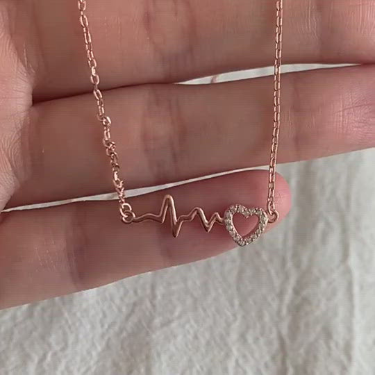 Trendy 925 Sterling Sliver Full Rhinestone Cubic Zerconia Babygirl Heartbeat Pendant Necklace